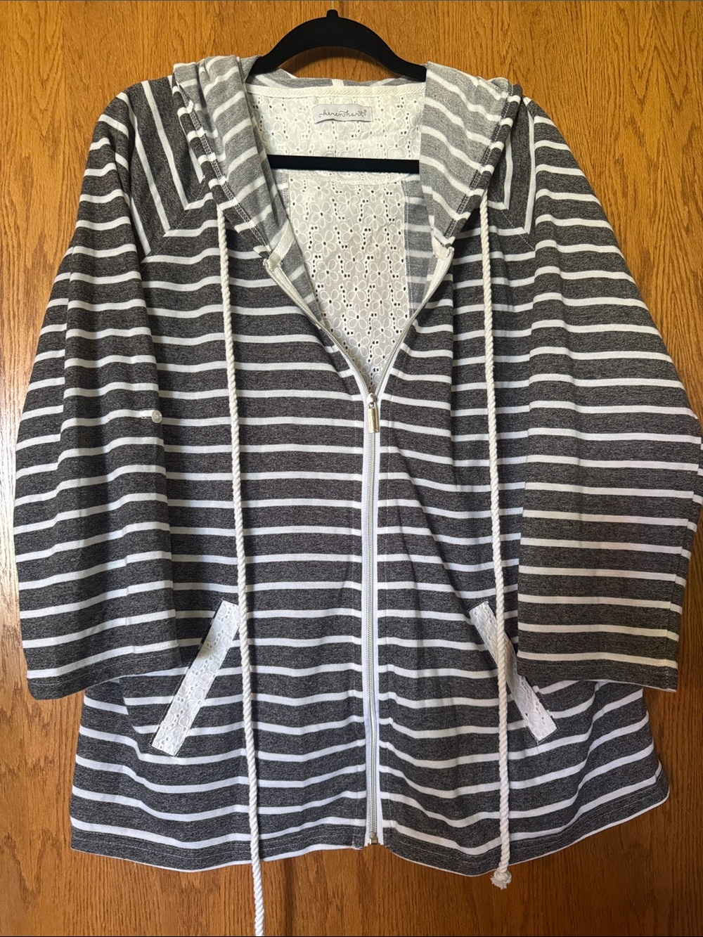 KEREN hart Gray & White Striped Hooded Utility Jacket with Lace Details